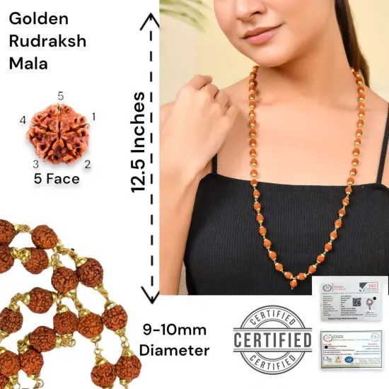 Certified Rudraksha Mala 5 Face (panchmukhi) Authentic Genuine Rudraksh Beads Rosary Japa Mala Bead Necklace Puja Prayer Meditation Beads Gold/silver Plated Mala for Men Women (1 Pcs) {5}
