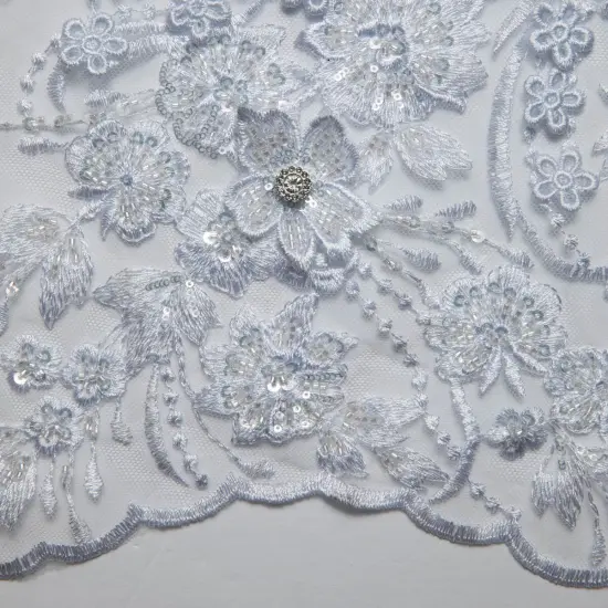 1 Yard Exquisite Embroidered Tulle Lace with Applique and 3D Design Fabric 52" Wide White {1}