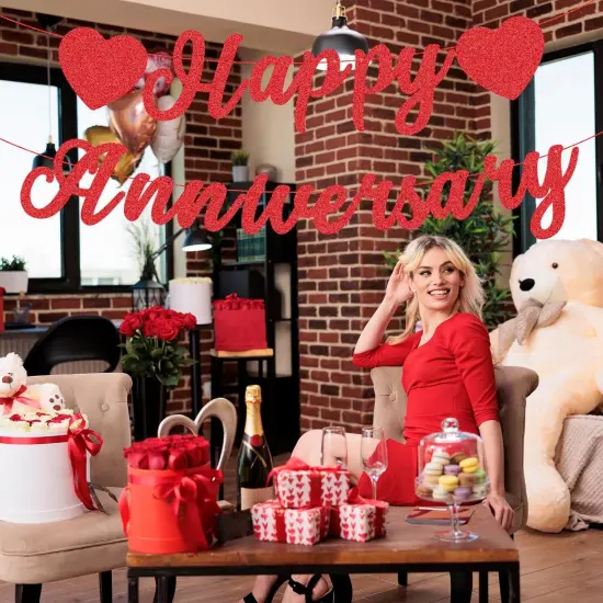 Red Glitter Happy Anniversary Banner - Pre-Strung Cardboard Letter Sign {5}