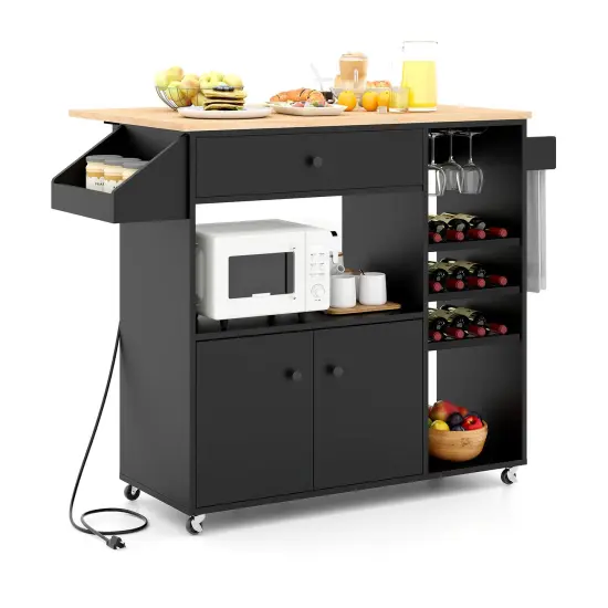 Kitchen Drop Leaf Island Cart with Power Outlets and Wine Rack Storage Shelves Locking Wheels Black and Natural {4}