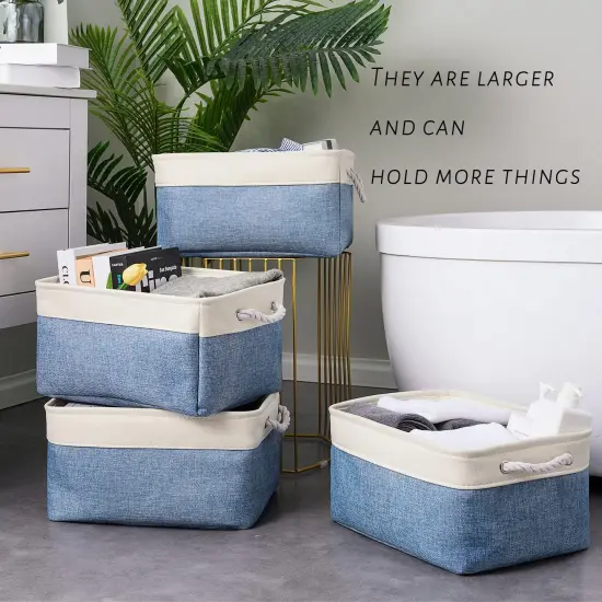 TcaFmac Storage Basket for Organizing - Large 4 Pack Fabric Storage Bins Baskets for Shelves with Ropes, Foldable Storage Cubes for Closet Cloth Toy (White & Blue16x12x8 inch) {6}
