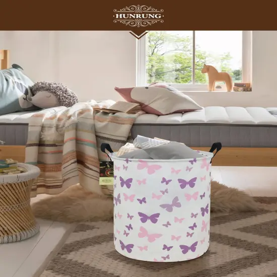 Laundry Hamper,Large Canvas Fabric Lightweight Storage Basket Toy Organizer Dirty Clothes Collapsible Waterproof for College Dorms（Round-Butterfly） {3}