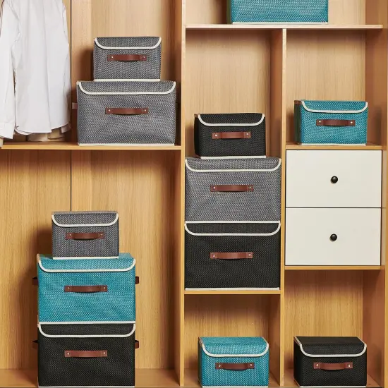 Storage Bins with Lid Fabric Storage Box Basket PU Leather Handle Textured Woven Cotton Linen Decorative Foldable Washable Shelf Closet Organizer Container (Zipper Lid, Gray, Small) {5}