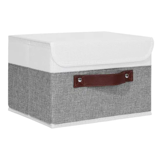 ANMINY Storage Boxes with Lids Washable Decorative Storage Bins Basket with PU Leather Handle Foldable Linen Fabric Storage Cubes Containers for Home Closet Organizer - Gray White, Small Size {1}
