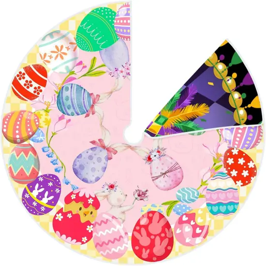 36 Inch Mardi Gras Tree Skirt Carnival Tree Skirt Easter Tree Skirt Double Sided Mat with Masquerade Mask Feather Easter Bunny Eggs Pattern Christmas Tree Skirt for Holiday Decoration (36") {2}