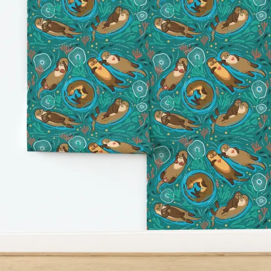 Peel & Stick Wallpaper 2FT Wide Love Otters Otter Animals Green Sea Sweet Swim Floating Couple River Water Baby Custom Removable Wallpaper by Spoonflower {2}