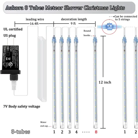 Aukora Rain Drop Lights, LED Meteor Shower Lights 11.8 inch 8 Tubes 192leds, Icicle Snow Falling Lights for Xmas Wedding Party Holiday Garden Tree Christmas Thanksgiving Decoration Outdoor (White) {5}