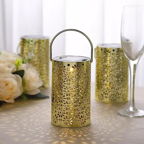 3 Metallic Gold 3x5 in Plastic LEDLANTERN LAMPS Flower Design Party Decorations {4}
