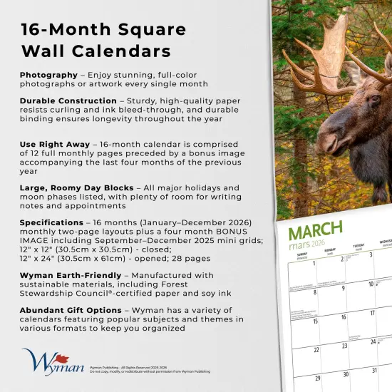 Canadian Geographic Moose OFFICIAL | 2026 12 x 24 Inch (Hanging) Monthly Square Wall Calendar {6}