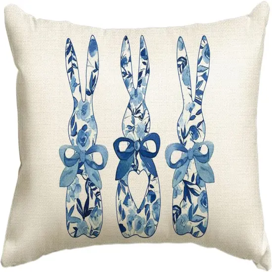Easter Blue and White Porcelain Color Bunny Throw Pillow Cover, 12 x 20 Inch Flowers Cushion Case Decoration for Sofa Couch {1}