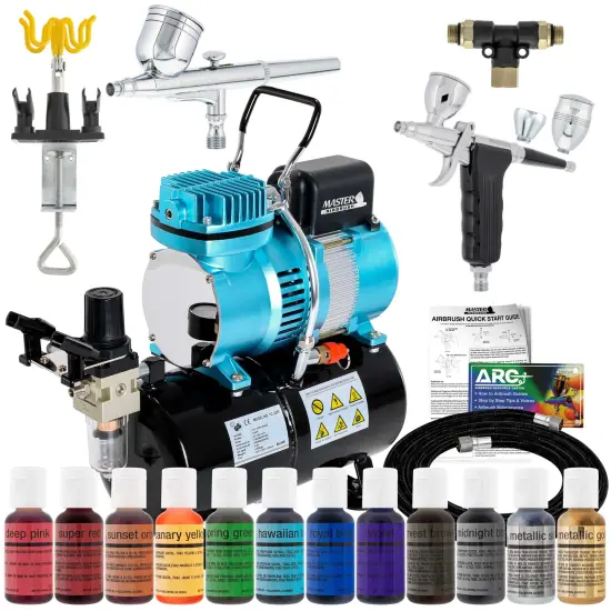 Cake Decorating Airbrushing System Kit with 12 Color Food Coloring Set - G22 Gravity Feed, G76 Trigger Airbrush, Air Tank Compressor, Guide Booklet {1}