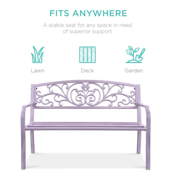 Best Choice Products Outdoor Steel Bench Garden Patio Porch Furniture w/ Floral Design Backrest Lavender {3}