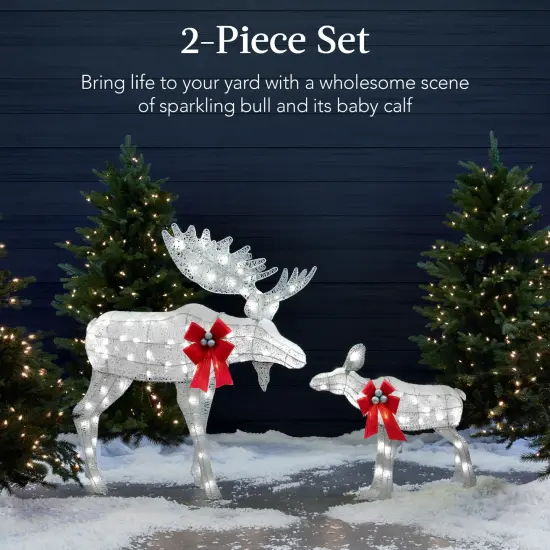 Best Choice Products 2-Piece Moose Family, Lighted Rattan Christmas Rattan-Inspired Yard Decoration Set w/ 170 Lights Silver {2}