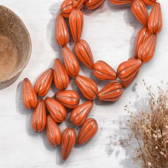 *10* 13x8mm Dark Bronze Washed Orange Opaline Melon Drop Beads {1}