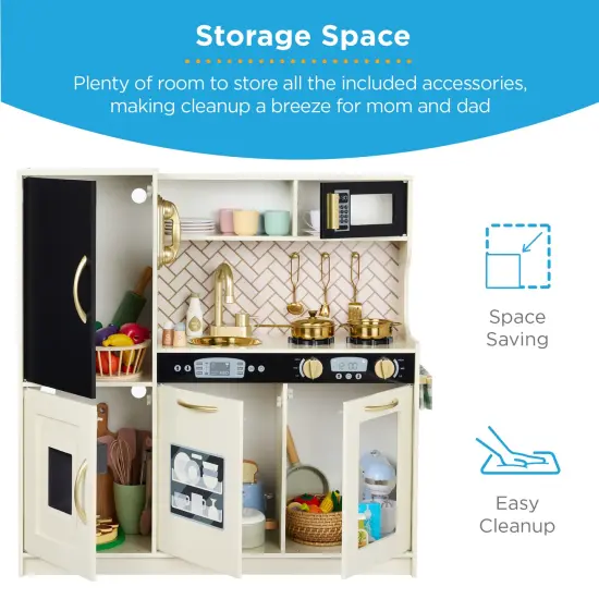 Best Choice Products Pretend Play Kitchen Wooden Toy Set for Kids w/ Telephone, Utensils, Oven, Microwave Cream {6}