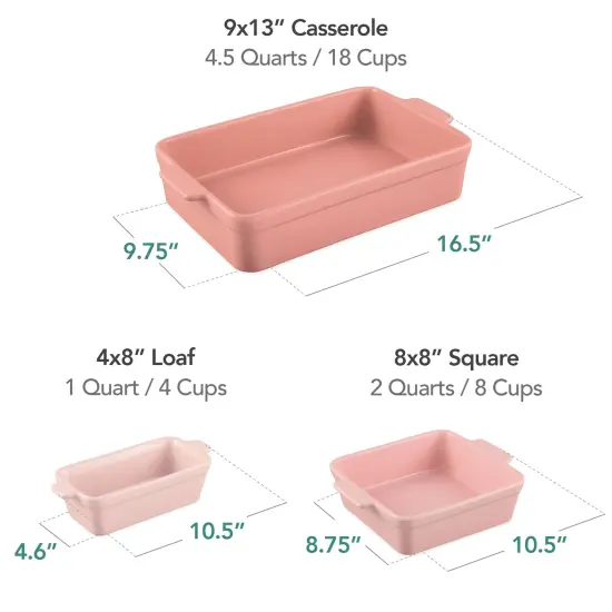 Best Choice Products Ceramic Bakeware Set of 3 Casserole, Loaf, and Square Dishes w/ Handles Pink Champagne {2}
