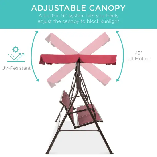 Best Choice Products 2-Seater Outdoor Adjustable Canopy Swing Glider Patio Bench w/ Textilene, Steel Frame Burgundy {5}