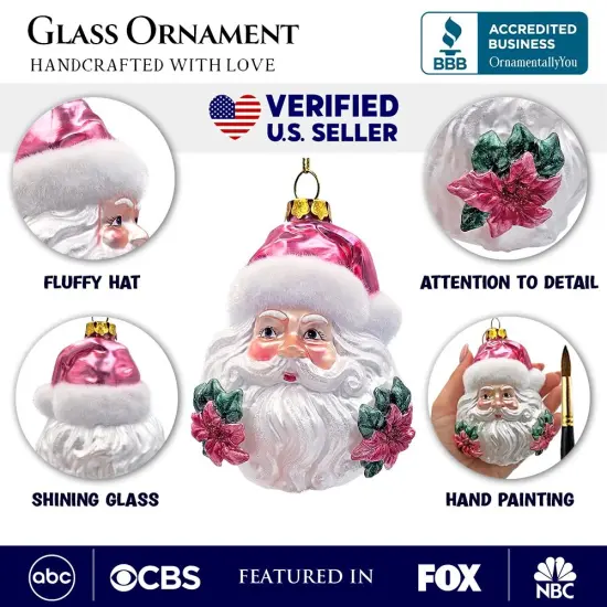 Enchanting Pink Santa Head Glass Ornament, Vintage Christmas Tree Decor {3}