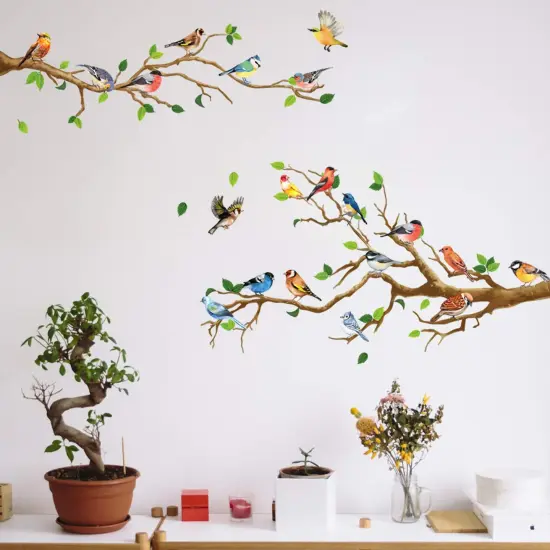 DILIBRA Hummingbird on The Tree Branch Wall Sticker, Green Leaf and Flying Bird DIY Art Vinyl Wall Decal, Self-Adhesive Wall Decoration for Garden Living Room Bedroom Kitchen Playroom Nursery Room {1}