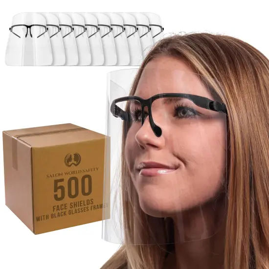 Face Shields with Black Glasses Frames (20 Packs of 25) - Ultra Clear Protective Full Face Shields to Protect Eyes Nose Mouth - Anti-Fog PET Plastic {1}