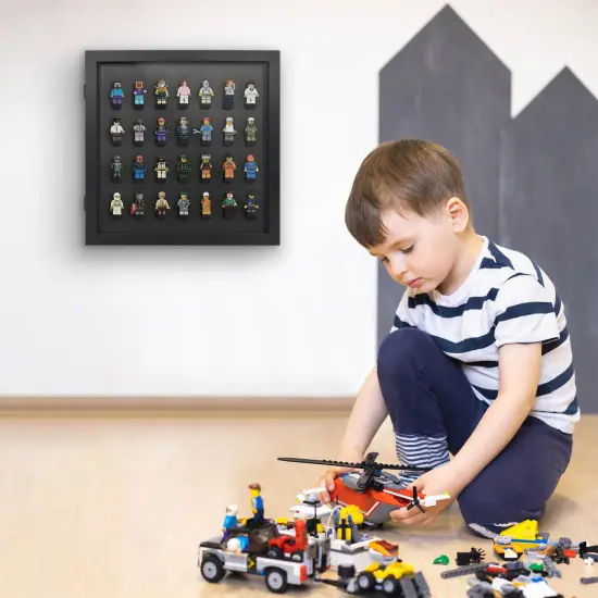 Americanflat 14x14 Minifigure Display Case with Polished Plexiglass - Holds 28 Minifigures - Freestanding or Wall-Mounted Display Case for Small Toy Collectibles - Black {4}