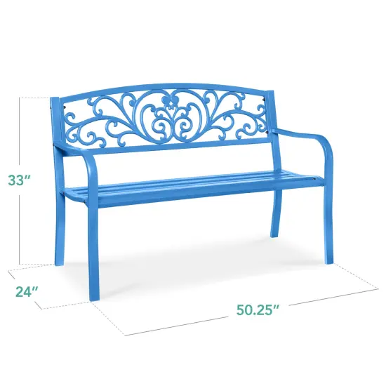 Best Choice Products Outdoor Steel Bench Garden Patio Porch Furniture w/ Floral Design Backrest Ocean Blue {2}