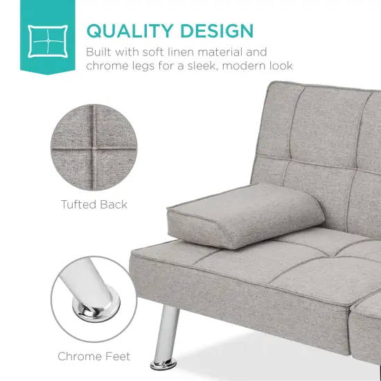 Best Choice Products Modern Linen Convertible Futon Sofa Bed w/ Removable Armrests, Metal Legs, Cupholders Light Gray {5}