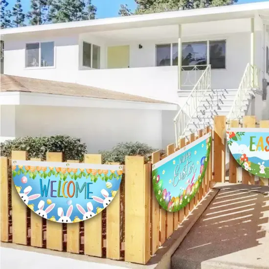 Welcome Peeps Easter Fan Flag, Cute Bunny Eggs Easter Bunting Flag, Happy Easter Half Fan Banner Flag {4}