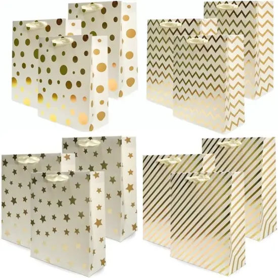 12PCS Metallic Gold Christmas Gift Bags Bulk with Handle, Large 12.5 x10 Inch, Assorted Modern Geometric Paper Gift Wrap Bags {1}