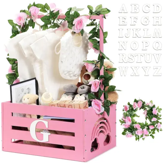 Wooden Baby Shower Crate Closet Rainbow Baby Storage Crate Hamper with Handle Garland 26 Letter Basket Baby Shower Wooden Gift Crate for Girls Boys Pregnancy Gifts for Parents (Pink) {1}