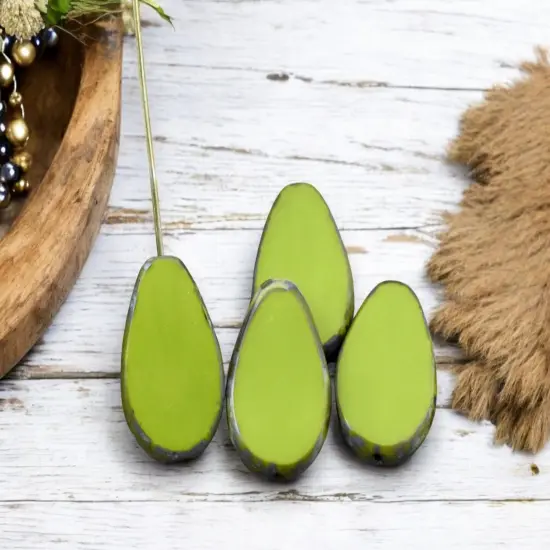 12x18mm Opaque Advacado Green Picasso Table Cut Flat Teardrop Beads {3}