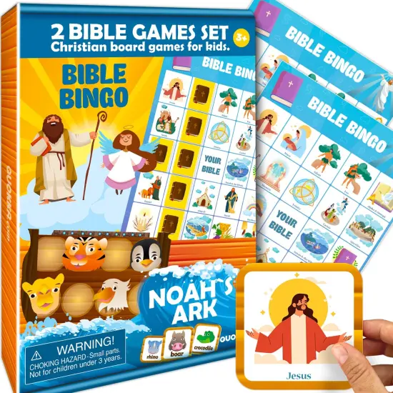 QUOKKA 3X Set Bible Games for Kids 4-6 - Board Bingo Game - Bible Trivia for Family - Noah Ark Toy - Cooperative Card Games for Toddlers Ages 4-8 - Christian Gifts for Kids for Sunday School {1}