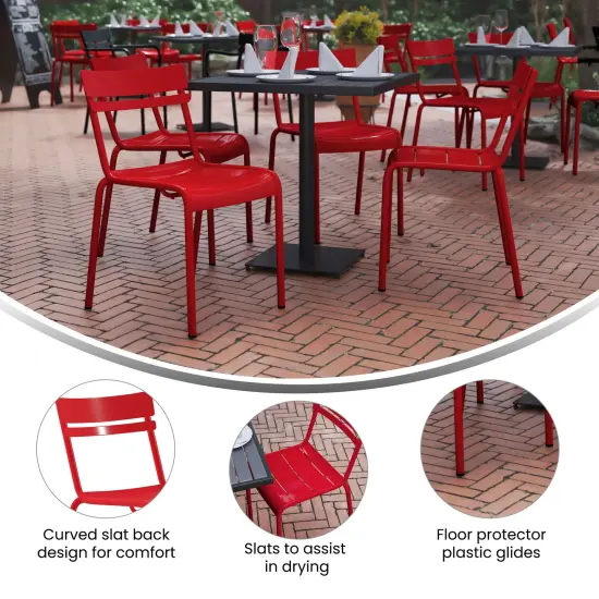 Emma and Oliver Rennes Armless Powder Coated Steel Stacking Dining Chair with 2 Slat Back for Indoor-Outdoor Use {9}