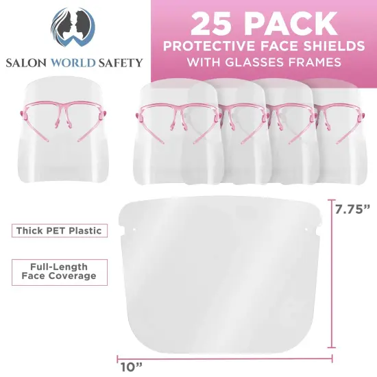 Safety Face Shields with Pink Glasses Frames (Pack of 25) - Ultra Clear Protective Full Face Shields to Protect Eyes Nose Mouth - Anti-Fog PET Plastic {2}