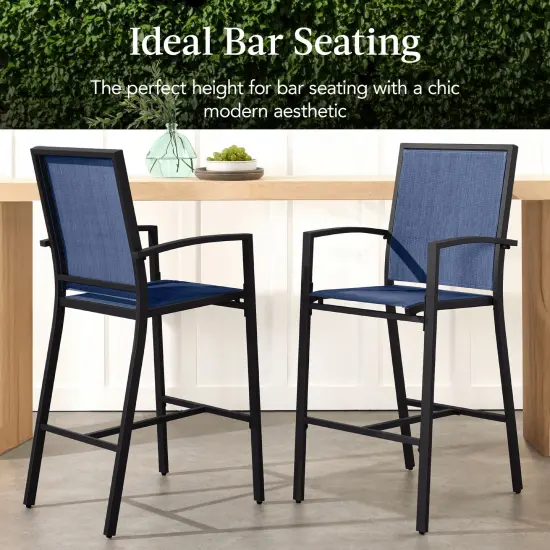 Best Choice Products Outdoor Barstools Set of 2, Bar Height Patio Chairs w/ All-Weather Mesh Black/Navy {3}