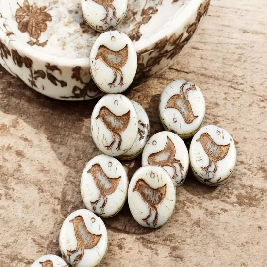 *15* 12mm Bronze Washed Opaque Beige Bird Coin Beads {1}