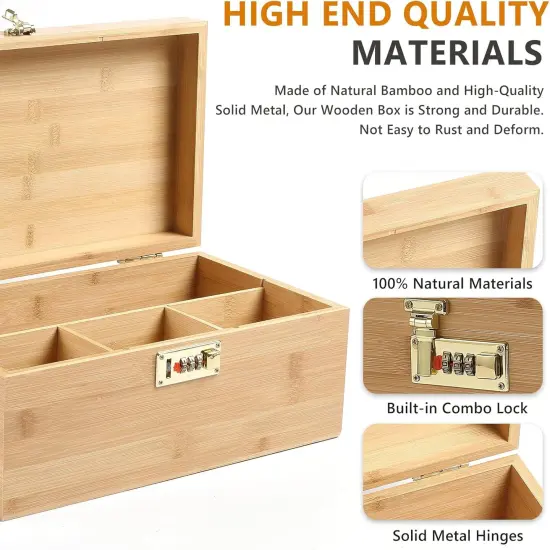 Bamboo Storage Box, 13.8" x 8" x 6" Extra Large Wooden Storgae Organizer with Combination Lock, Versatile Storage Contaniers with Adjustable Compartments for Home Office Jewelry Keepsakes {4}