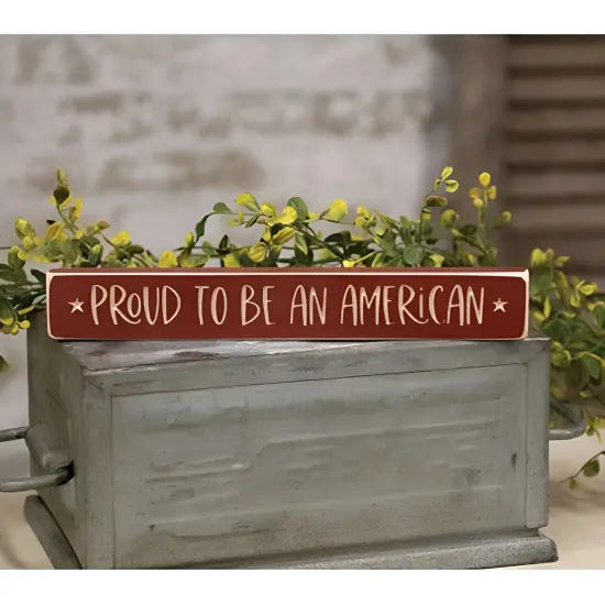 Proud to Be an American Wooden Block Sign Red Painted Natural Wood with Engraved Stars {2}