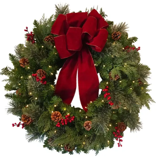 Haute Decor Classic 30-inch Pre lit Christmas Wreath for Front Door - Large Size Door Wreath with Warm White Energy-Efficient LED Lights on Battery Operated Automatic Timer {1}