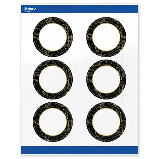 Avery Printable Round Labels with Sure Feed Technology, Pre-Printed Black Border with Gold Pattern, Glossy White, 3" Diameter, Laser & Inkjet Compatible, 60 Total {1}