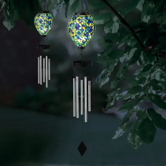 Set of 2 37"H Solar Lighted Metal and Glass Mosaic Windchime 2pcs-Multicolor {9}