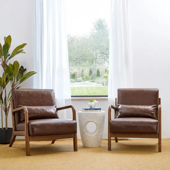 Set of 2 30.75"H Mid-Century Modern PU Leather Armchair Accent Chairs with Pillow Brown {1}