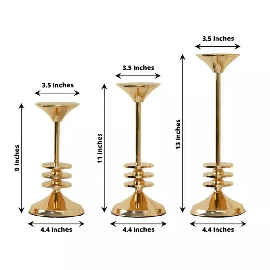 3 Gold Candlestick Stands 3-Disk Design Taper CANDLE HOLDERS Set Party Events {4}