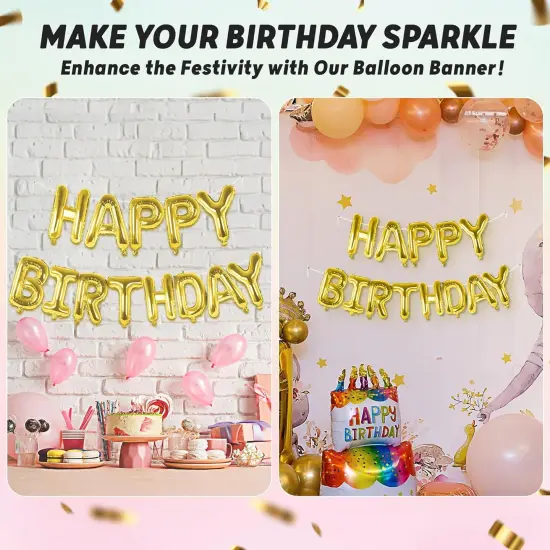 Gold Happy Birthday Balloons Banner | Letter Balloon Sign {4}