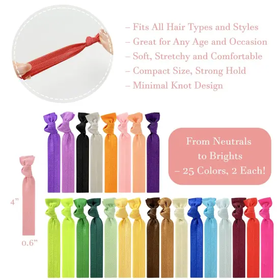 Wrapables No Crease Ouchless Elastic Ribbon Hair Ties Ponytail Holders (Set of 50), Multicolor {2}