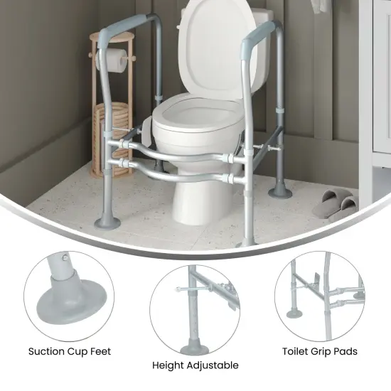 Emma and Oliver Ramsey Toilet Safety Rail for the Elderly with Height Adjustable Steel Frame, Padded Handles and Suction Cup Feet Silver/Gray {4}