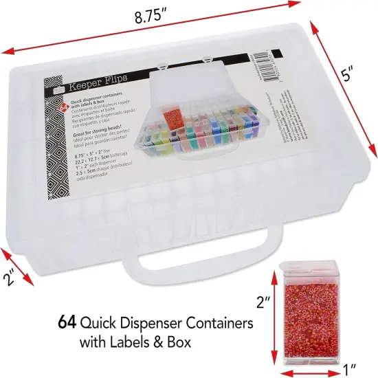 The Beadsmith Personality Case - Clear Storage Carrying Case 8.5 x 5 inches - and 64 flip top Boxes 1 x 2 inches Each, Includes Labels, for organizing and Storage {2}
