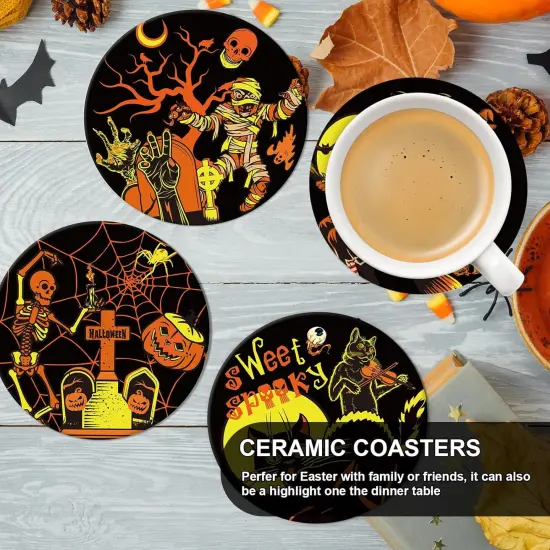 6Pcs Halloween Coasters Vintage Ceramic Coasters Pumpkin, 4.1 x 0.3 Inch {4}