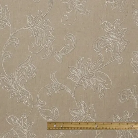 1 Yard White Sand Pure Linen Foliage Embroidered Fabric Midweight Woven 54 Inch Width Beige {6}