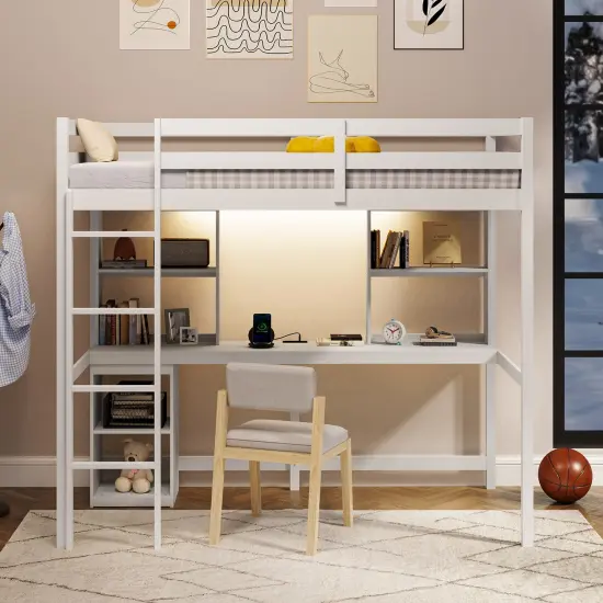 White Loft Bed with Built-in Desk LED Lighting USB and Type-C Charging Ports for Bedroom Dorms or Apartments {6}